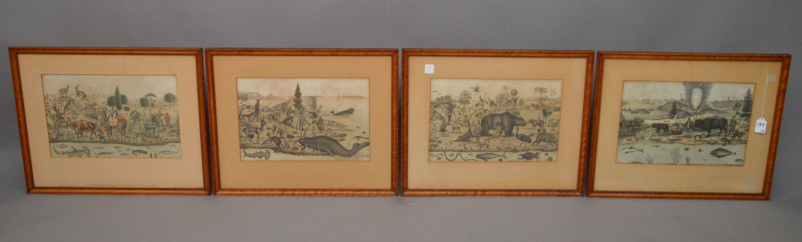 Set of 4 Antique Engravings, depicting animals of all: Set of 4 Antique Engravings, depicting animals of all kinds, image size 9-3/4 x 14-3/4 inches, maple frames - overall size 17 x 21 inches