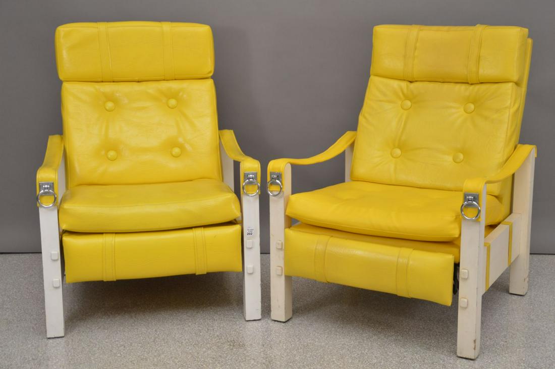 Pr. Vintage Yellow Recliner Chairs, 29x x 31d x 40h: Pr. Vintage Yellow Recliner Chairs, 29x x 31d x 40h inches