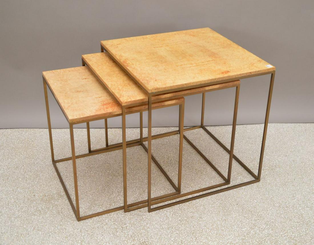Keno Makers: 3 Burlwood top stackable tables with iron: Keno Makers: 3 Burlwood top stackable tables with iron base, 24 x 24 inches