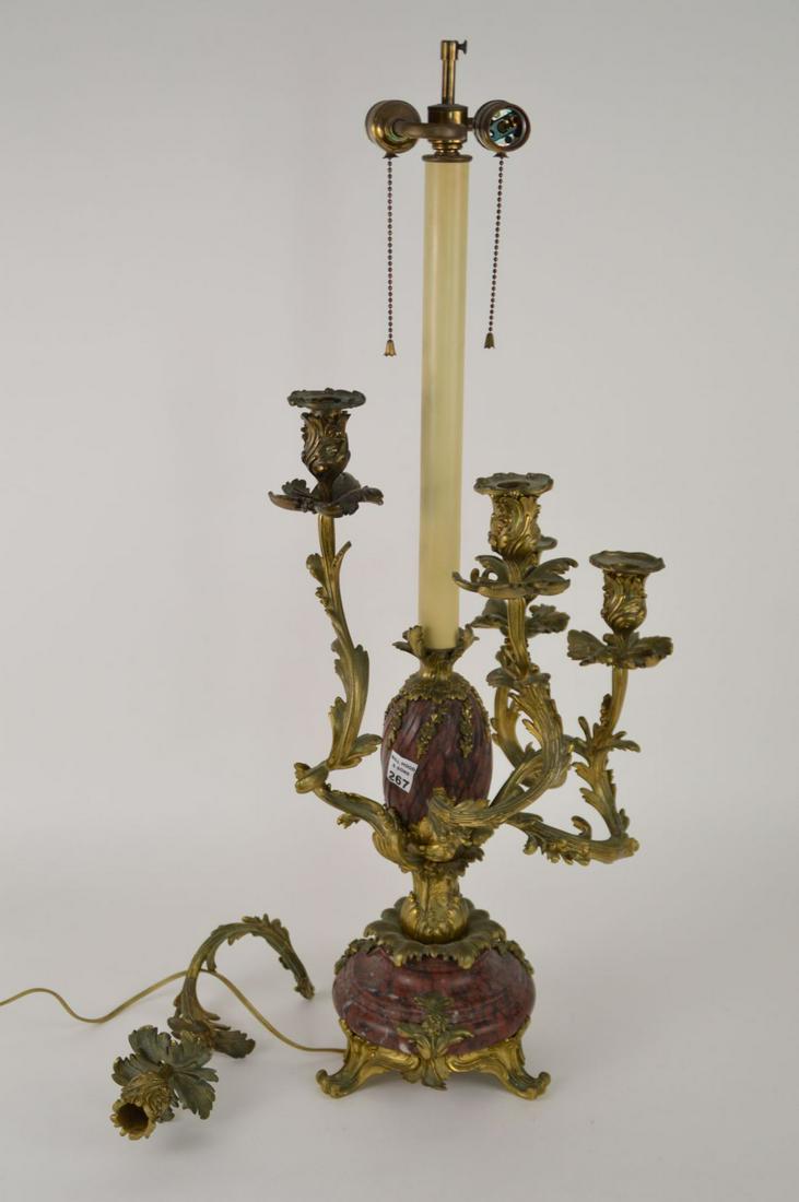 Bronze & Marble Rococo 5 Branch Candelabra Lamp (one: Bronze & Marble Rococo 5 Branch Candelabra Lamp (one arm broken)