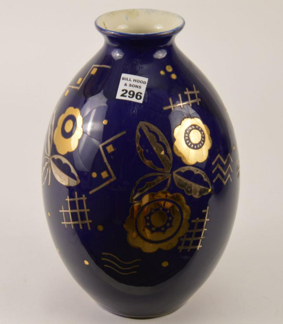 Boch Freres Porcelain Large Vase, Deco Style, Cobalt: Boch Freres Porcelain Large Vase, Deco Style, Cobalt with silver and gilt decoration. 12 in. tall x 8 inches wide
