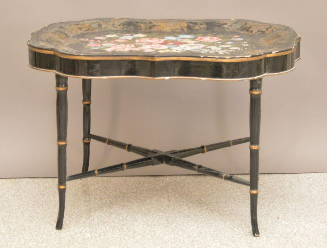 Antique hand painted Tole tray and Stand, some paint: Antique hand painted Tole tray and Stand, some paint loss 20h x 29wide x 24 deep inches