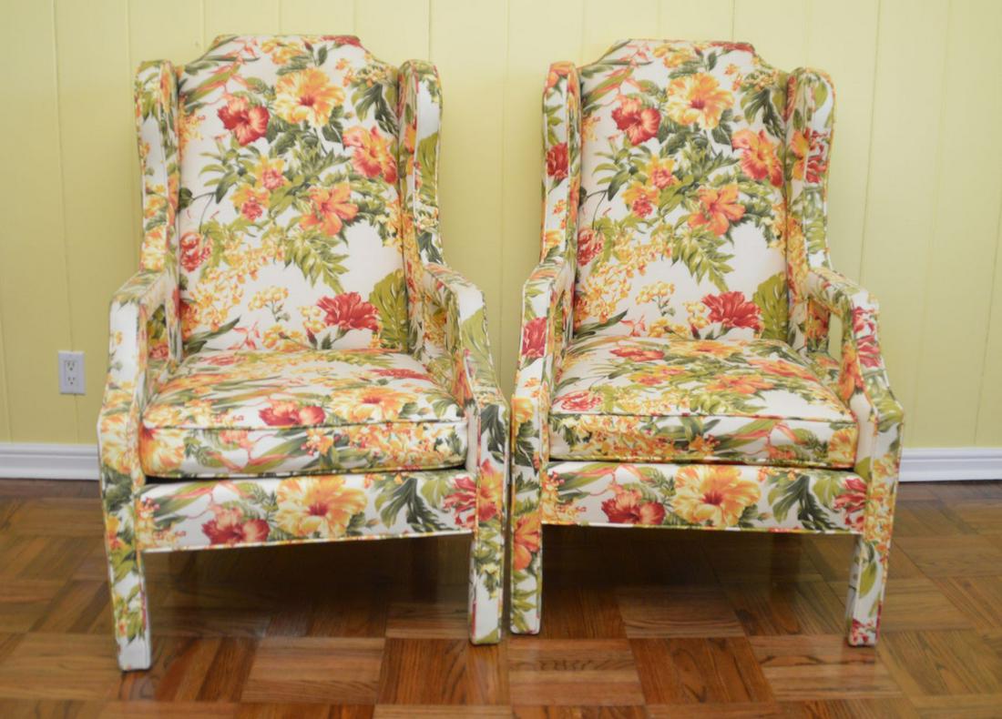 Pair Floral Upholstered Wingback Chair, 44"h x 26"w x: Pair Floral Upholstered Wingback Chair, 44"h x 26"w x 21"d (seat)