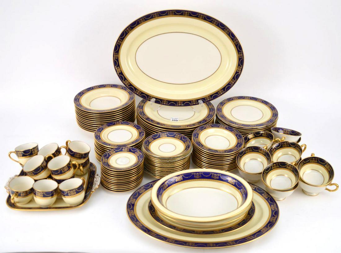 Lenox china set, Ivory with cobalt blue & raised gold: Lenox china set, Ivory with cobalt blue & raised gold design border, incl; 12 dinner plates, 12 soup bowls, 12 salad plates, 12 desserts, 12 small sauce bowls, 12 tea cups, 12 saucers, 12 demi tasse c