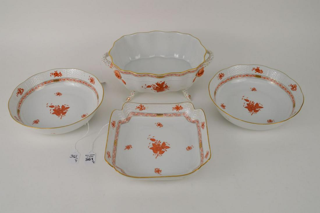 HEREND CHINESE BOUQUET RUST PORCELAIN 4 SERVING PIECES,: HEREND CHINESE BOUQUET RUST PORCELAIN 4 SERVING PIECES, Open Footed Casserole (11"w), 2 Open Round Casseroles (10"dia) and Square Open Serving Dishes (10 1/2"square)