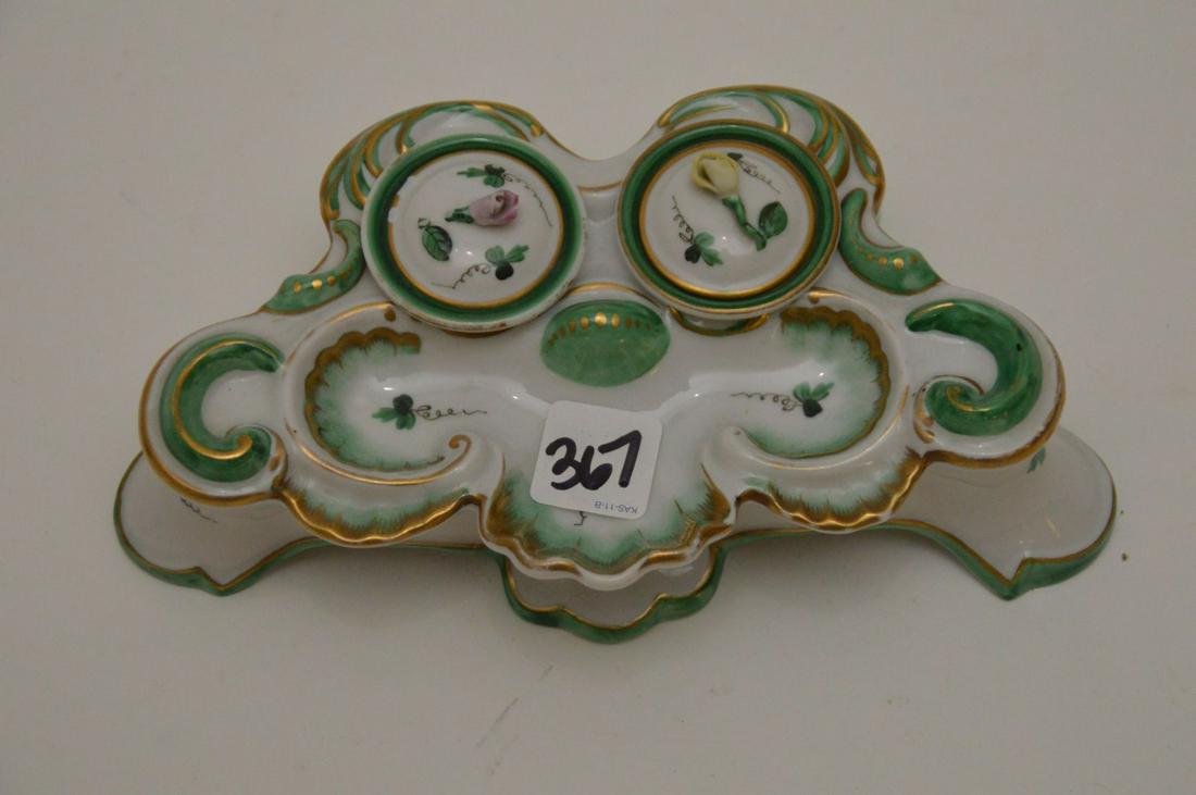 HEREND PORCELAIN INKWELL (flaking on one lid & some: HEREND PORCELAIN INKWELL (flaking on one lid & some gold wear)