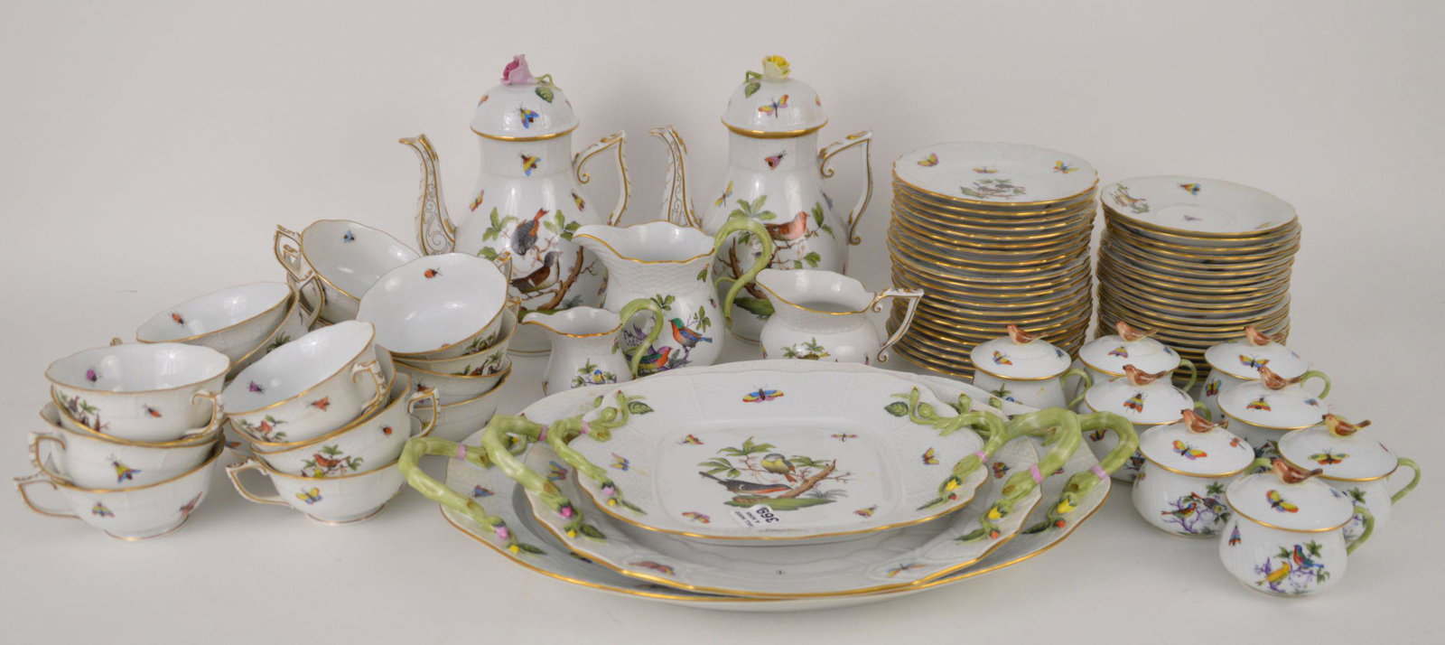 HEREND PORCELAIN TEA SET, ROTHSCHILD, INCL; 20 dessert: HEREND PORCELAIN TEA SET, ROTHSCHILD, INCL; 20 dessert plates, 18 tea cups, 20 saucers, 8 pot de cremes with lids, 2 teapots, 3 pitchers and 3 platters (round, oval & square with handles)