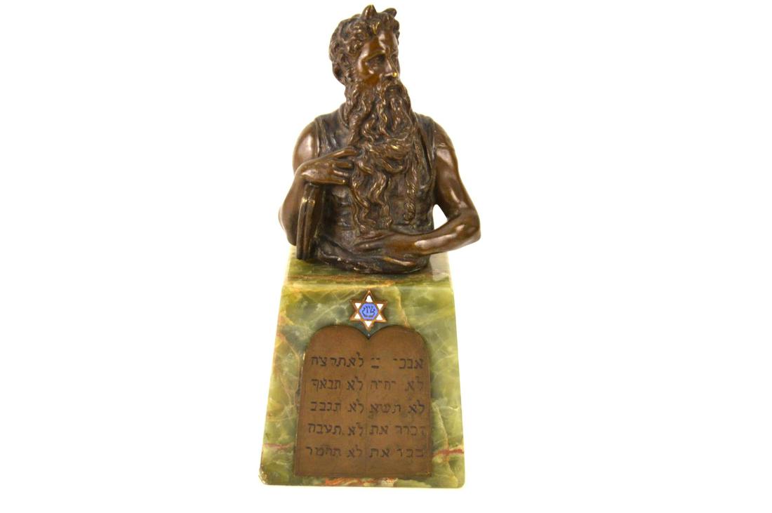 Bronze Bust of Moses "Ten Commandments" mounted on: Bronze Bust of Moses "Ten Commandments" mounted on green onyx, 10"h x 4"w
