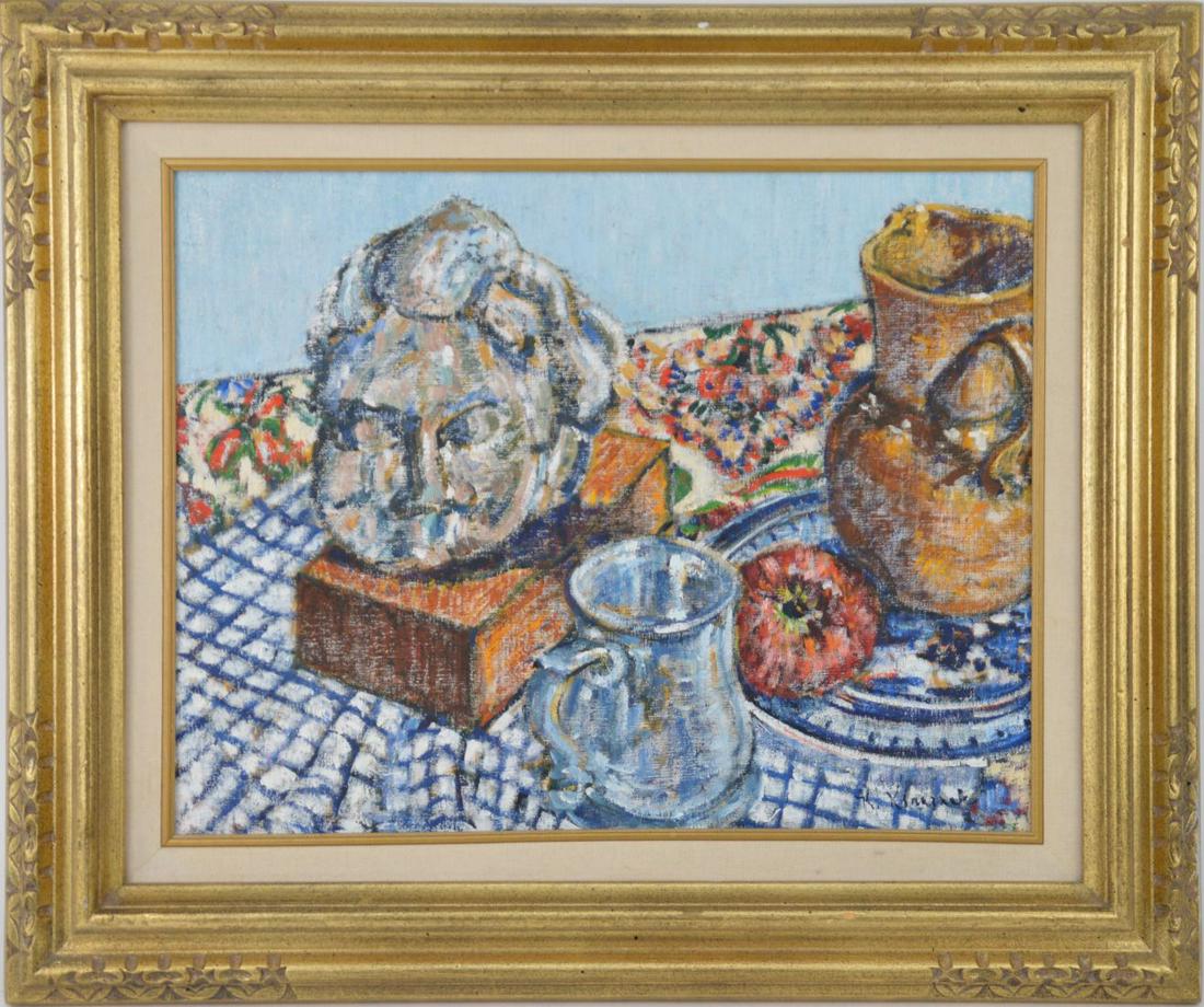 Continental School - oil on canvas, signed illegibly,: Continental School - oil on canvas, signed illegibly, STILL-LIFE with object, 14 x 18 inches