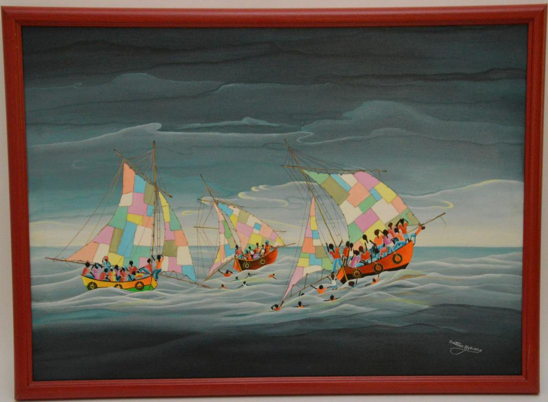 Alphonse Inatace (Haitian b. 1943) Sailing to Freedom,: Alphonse Inatace (Haitian b. 1943) Sailing to Freedom, Oil on Canvas, Signed, Image Size 22 1/2 x 31 1/2 Inches, Framed 25 x 34 Inches