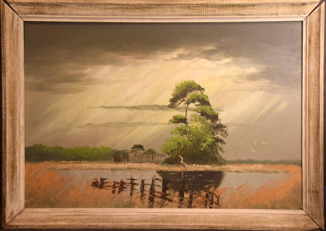 FLORIDA HIGHWAYMEN - SAM NEWTON EVERGLADES PAINTING,: FLORIDA HIGHWAYMEN - SAM NEWTON EVERGLADES PAINTING, vintage original highwaymen, oil on board, 24 x 36 inches. Original frame needs fixing coming apart at seams