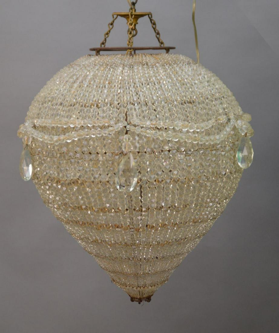 Vintage Crystal hanging light, string crystal over iron: Vintage Crystal hanging light, string crystal over iron frame, 20 H x 18 W inches