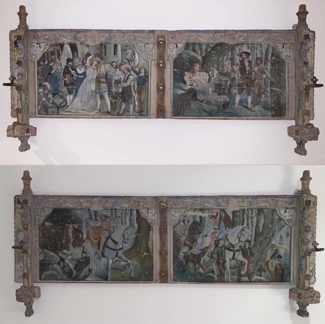 2 Carved & Painted scenes, 18th/19th c. Continental: 2 Carved & Painted scenes, 18th/19th c. Continental panels, label on reverse, 22"h x 48"w