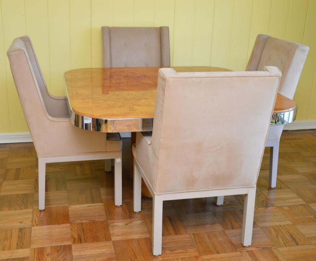 Burled Laminate Table with Chrome Accents and 4 Suede: Burled Laminate Table with Chrome Accents and 4 Suede Arm Chairs