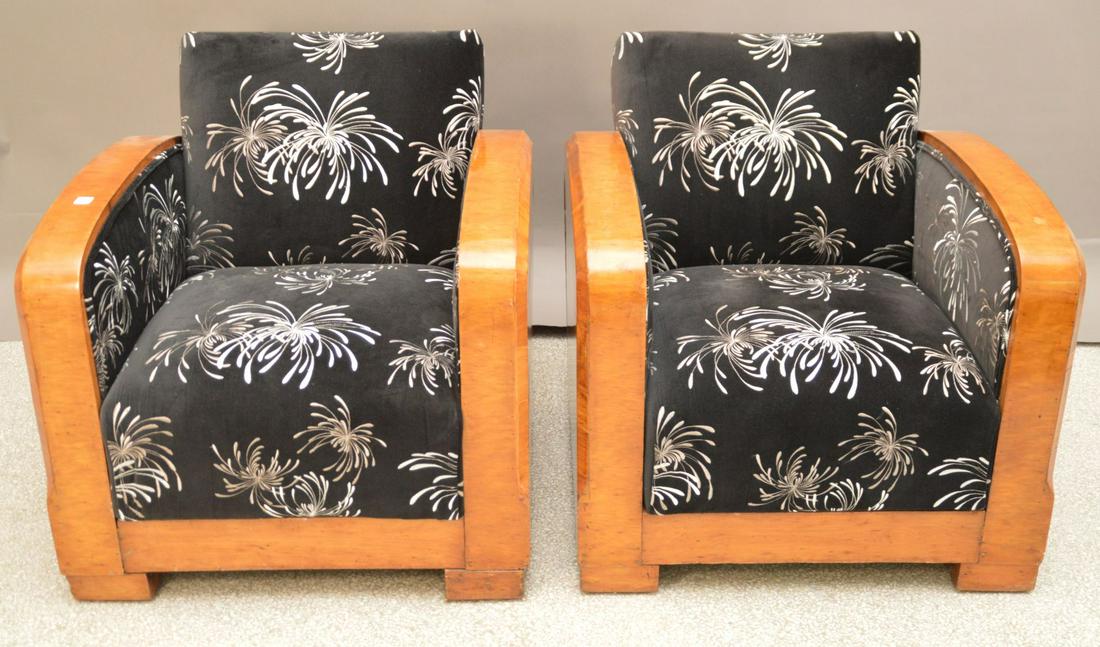 Pair Maple Framed Art Deco Arm Chairs, black velvet: Pair Maple Framed Art Deco Arm Chairs, black velvet with white starburst