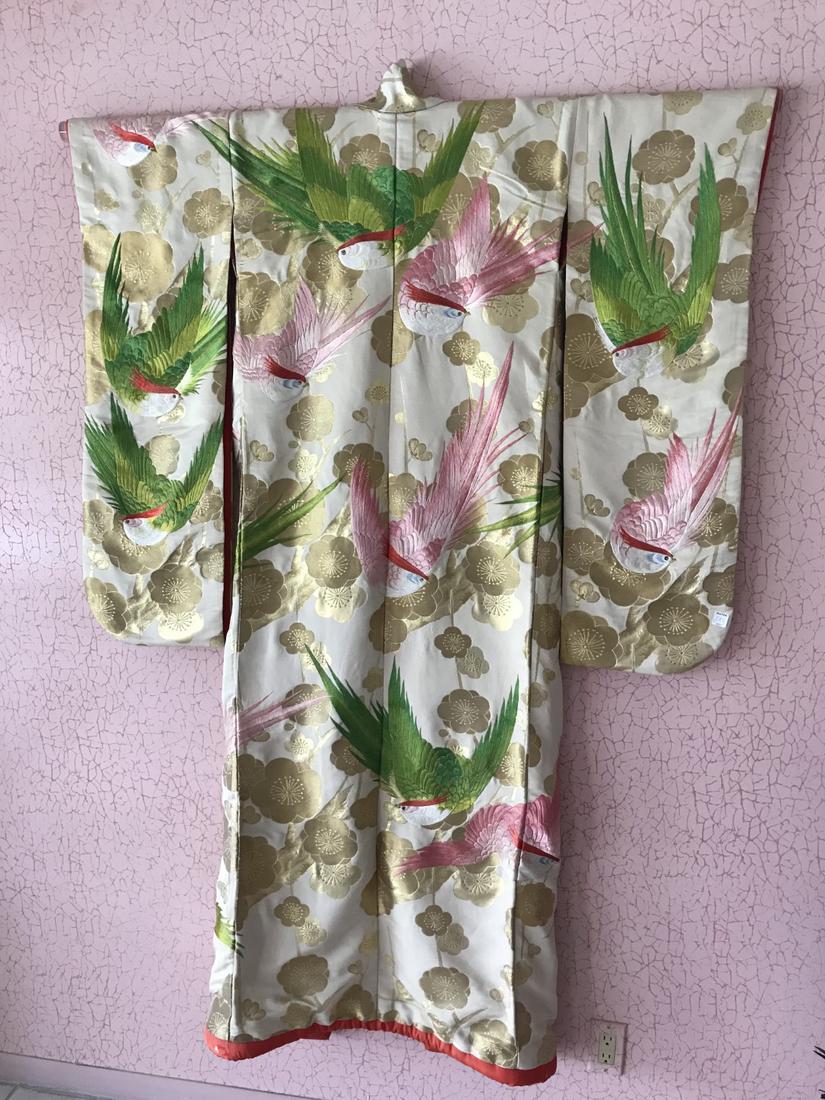 Vintage Japanese Ceremonial Kimono, pink, green and: Vintage Japanese Ceremonial Kimono, pink, green and gold floral with birds