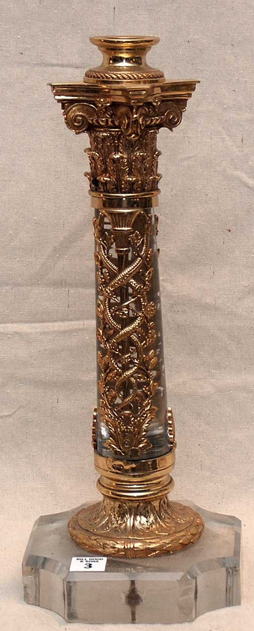Crystal and bronze single candleholder, heavily d