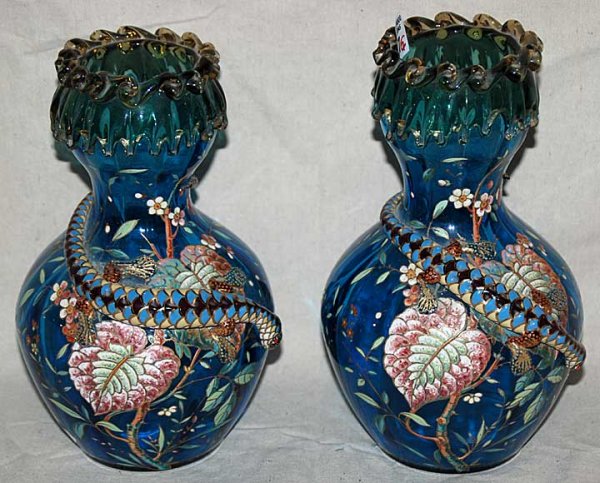 Pair of blue glass (possibly Moser/Bohemian) vase