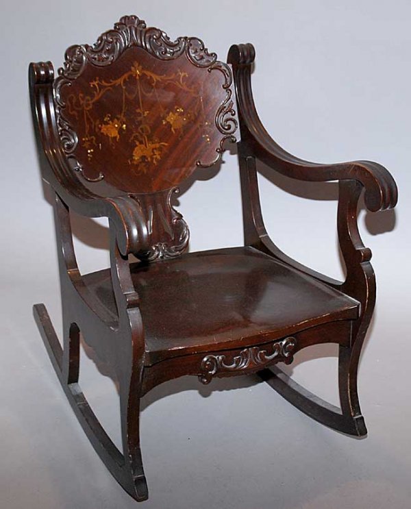 Rocking chair carved crest with inlay panel and p
