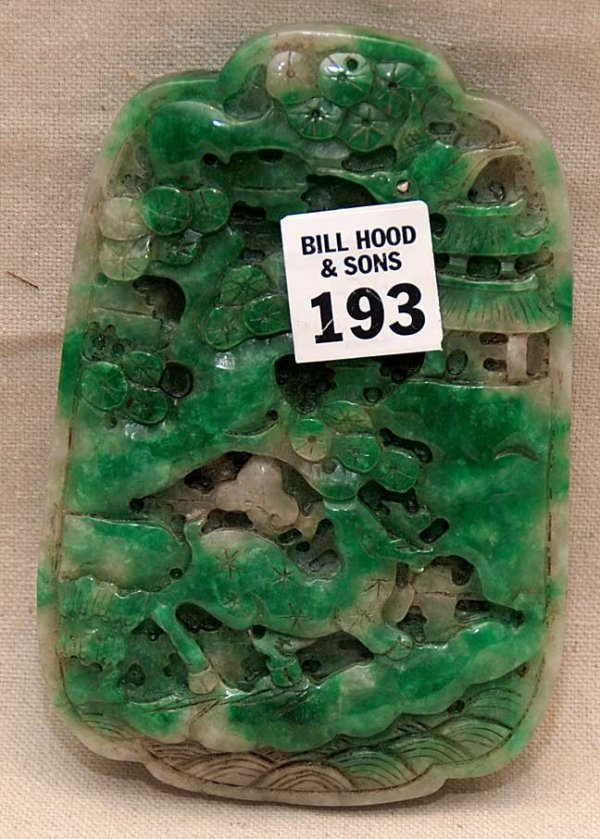 Jade carved both sides, green to smoky grey pictu