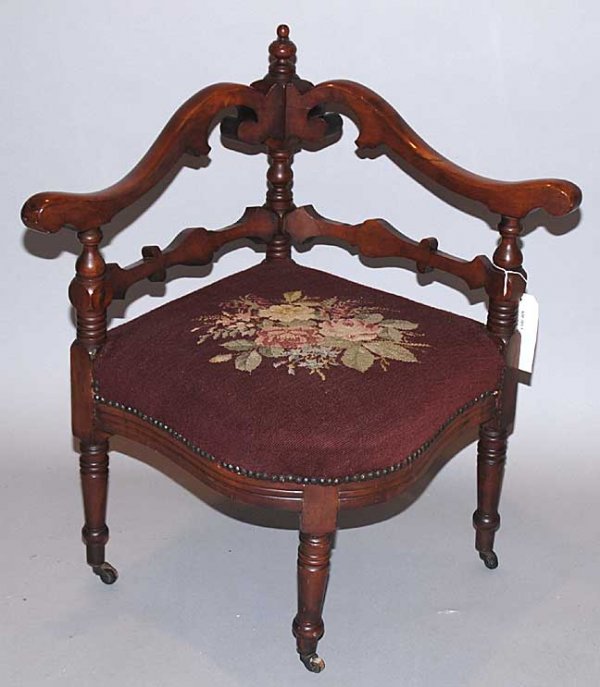 Victorian English corner chair, old needlepoint s