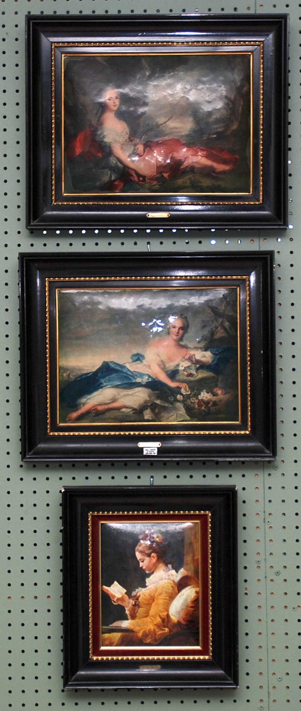 Nattier, 3 prints on tin, romantic scenes, 2 are