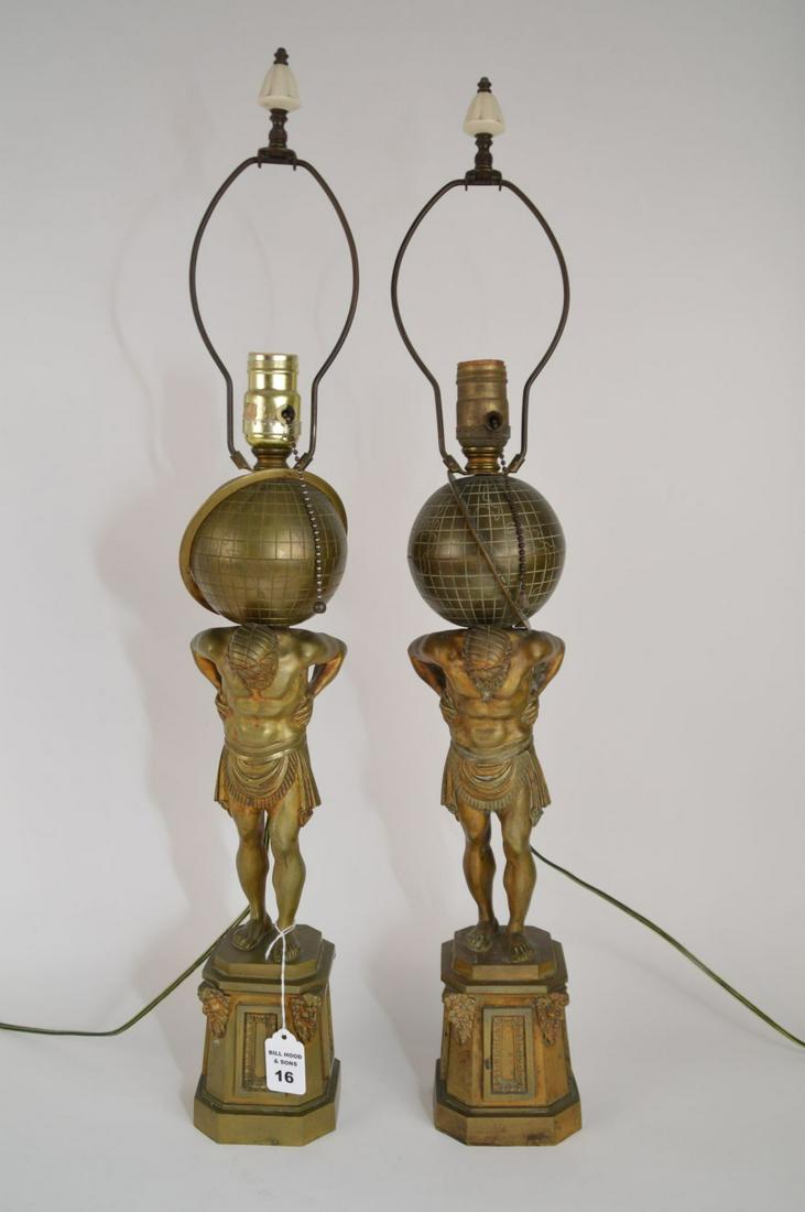 Pair Thomas Messenger and Sons: Pair Thomas Messenger and Sons 'Atlas' Bronze Lamps, England, circa 1835. English bronze table lamp by the Birmingham firm of Thomas Messenger and Sons depicting Atlas supporting the earth with swivel