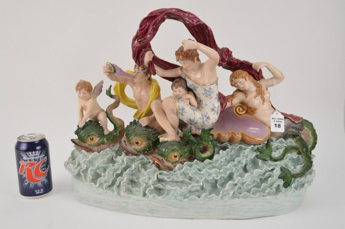 MONUMENTAL DRESDEN SITZENDORF PORCELAIN GROUP depicting: MONUMENTAL DRESDEN SITZENDORF PORCELAIN GROUP depicting women and children among sea life and dolphins in the ocean. German circa 1890 the mark was used from 1884-1902. 21" x 9" x 16"