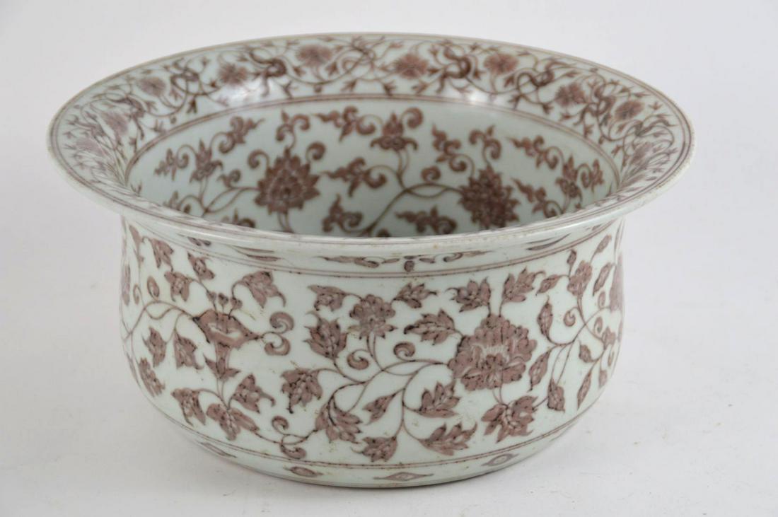 CHINESE PORCELAIN UNDER GLAZE COPPER RED BOWL with Ming: CHINESE PORCELAIN UNDER GLAZE COPPER RED BOWL with Ming Dynasty style decoration. Condition: no cracks or chips. Height 6 3/8" Diameter 12 3/4"
