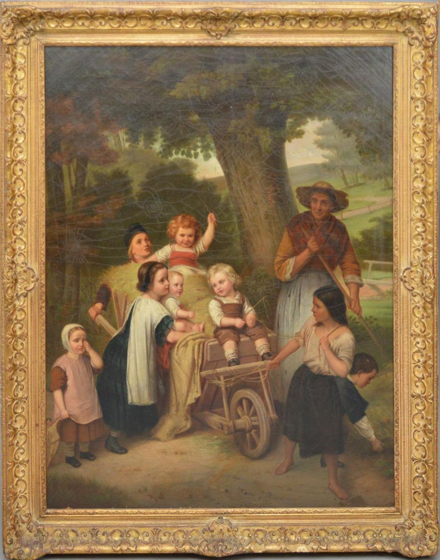 19th Century German School oil on canvas “Children: 19th Century German School oil on canvas “Children Riding Wheel barrel” 38 x 48 inches (w/fr)