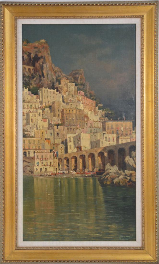 Angelo della Mura (Italy 1867 - 1922) oil on canvas,: Angelo della Mura (Italy 1867 - 1922) oil on canvas, View of Amalfi, 31 x 18 inches overall framed