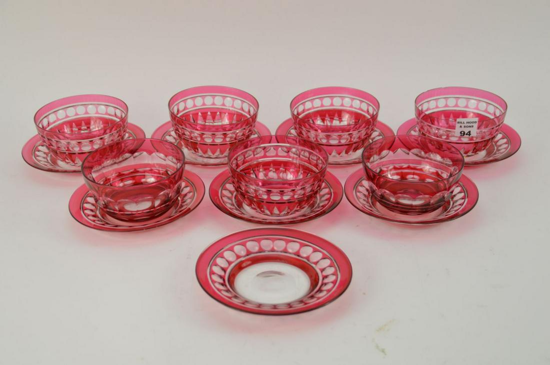 15 pcs. Cranberry Cut to Clear Glassware, 7 Berry Bowls: 15 pcs. Cranberry Cut to Clear Glassware, 7 Berry Bowls AND 8 Liners (one bowl with 2 small chips)