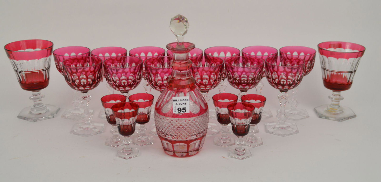 13 Cranberry Stemmed Wine Glasses Cut to Clear AND: 13 Cranberry Stemmed Wine Glasses Cut to Clear AND Matching Decanter (9"h) Sold With 6 Cranberry Cut to Clear Cordials and 2 Matching Water Glasses