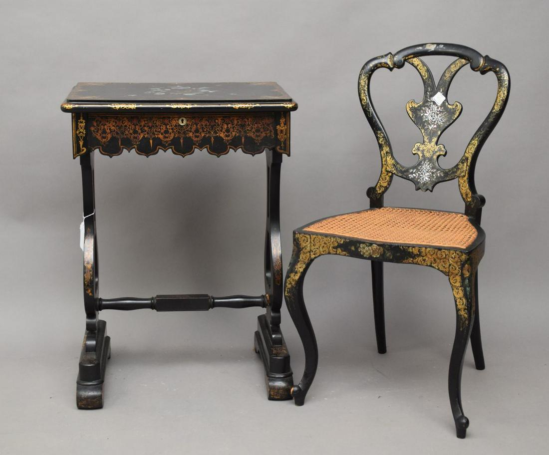 English 19th c. Lacquered Paper Mache Sewing Stand with: English 19th c. Lacquered Paper Mache Sewing Stand with Mother of Pearl Bird's & Vines and gilded Top Decoration with fitted interior, incl; sterling glove darner, brass sewing bird and mother of pear
