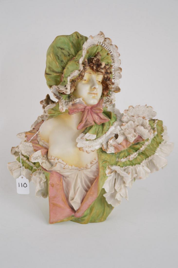 Antique Teplitz Austrian Porcelain Bust of Girl.: Antique Teplitz Austrian Porcelain Bust of Girl. Riessner, Stellmacher & Kessel Turn Teplitz Amphora Bohemian porcelain bust depicting a young girl in an Art Nouveau fashion. Intricate ruffling to her