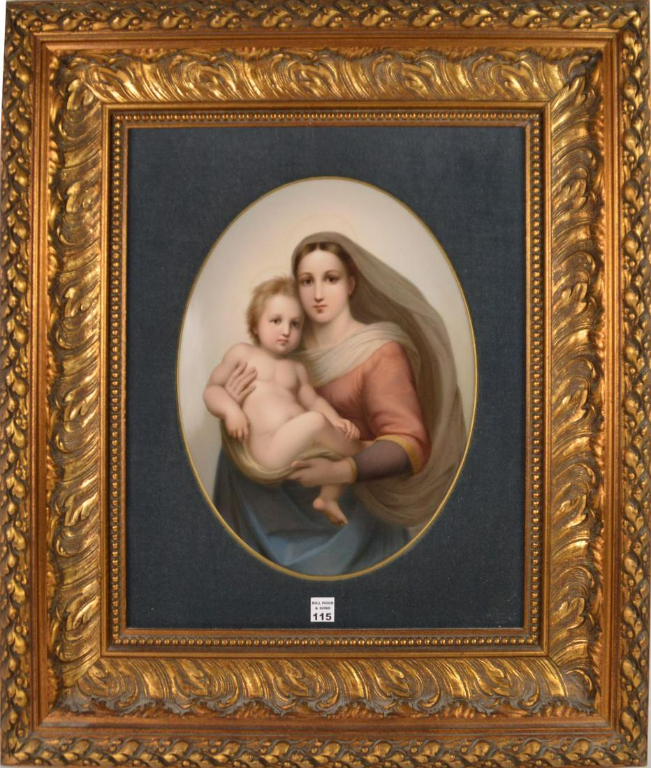 Large German KPM Painted Porcelain Plaque MADONNA: German KPM Hand-Painted Porcelain Plaque of the Sistine Madonna, fourth quarter 19th century, after Raphael Sanzio (Italian, 1483-1520).Plaque: 13.5" x 16.5"Frame: 28 x 32 inches with impressed KPM ma