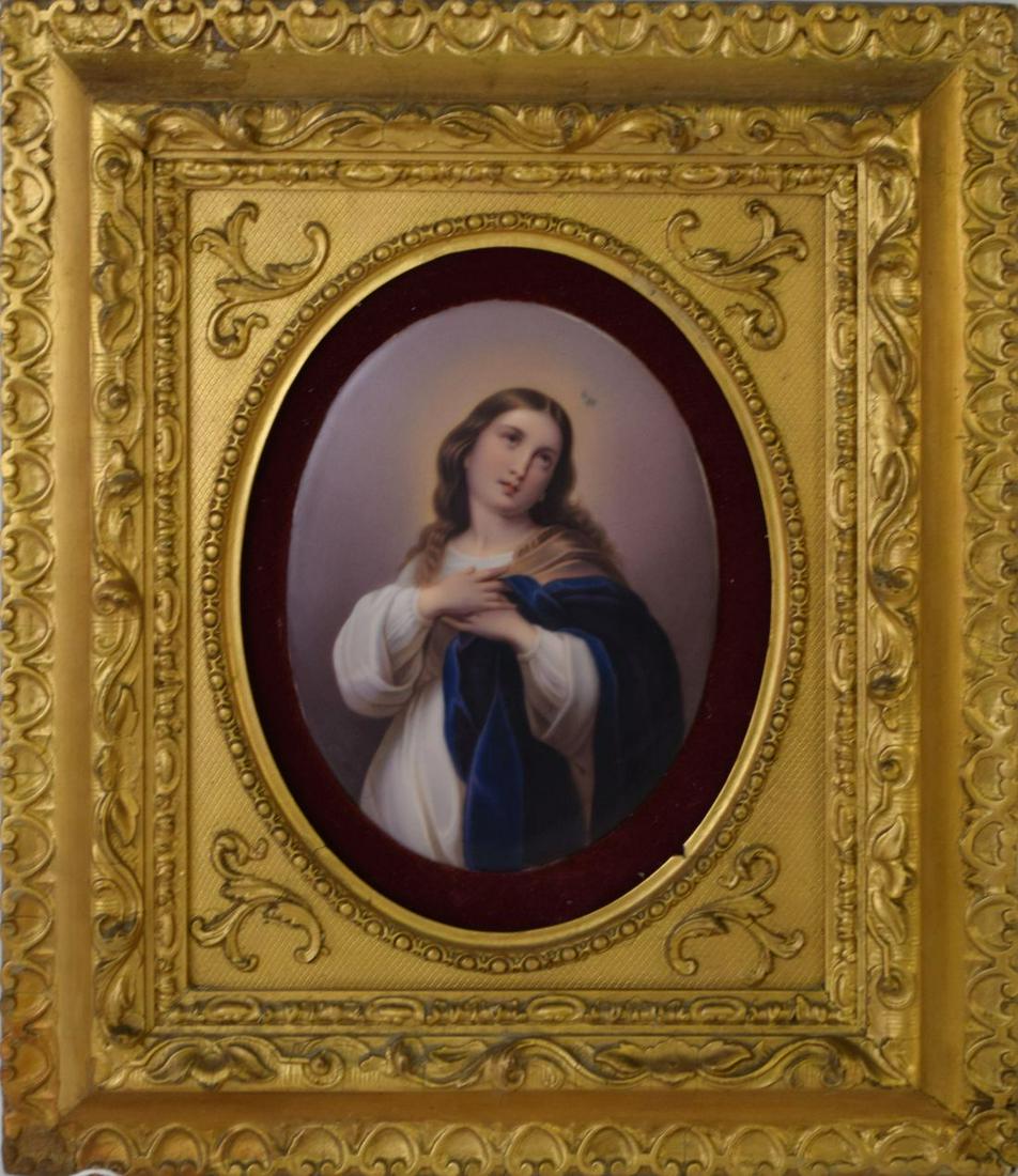 PAINTED PORCELAIN PLAQUE after Murillo's Immaculate: PAINTED PORCELAIN PLAQUE after Murillo's Immaculate Conception. This plaque is based on the 17th Century Spanish artist Bartolome Esteban Murillo's painting of The Immaculate Conception of Los Venerab