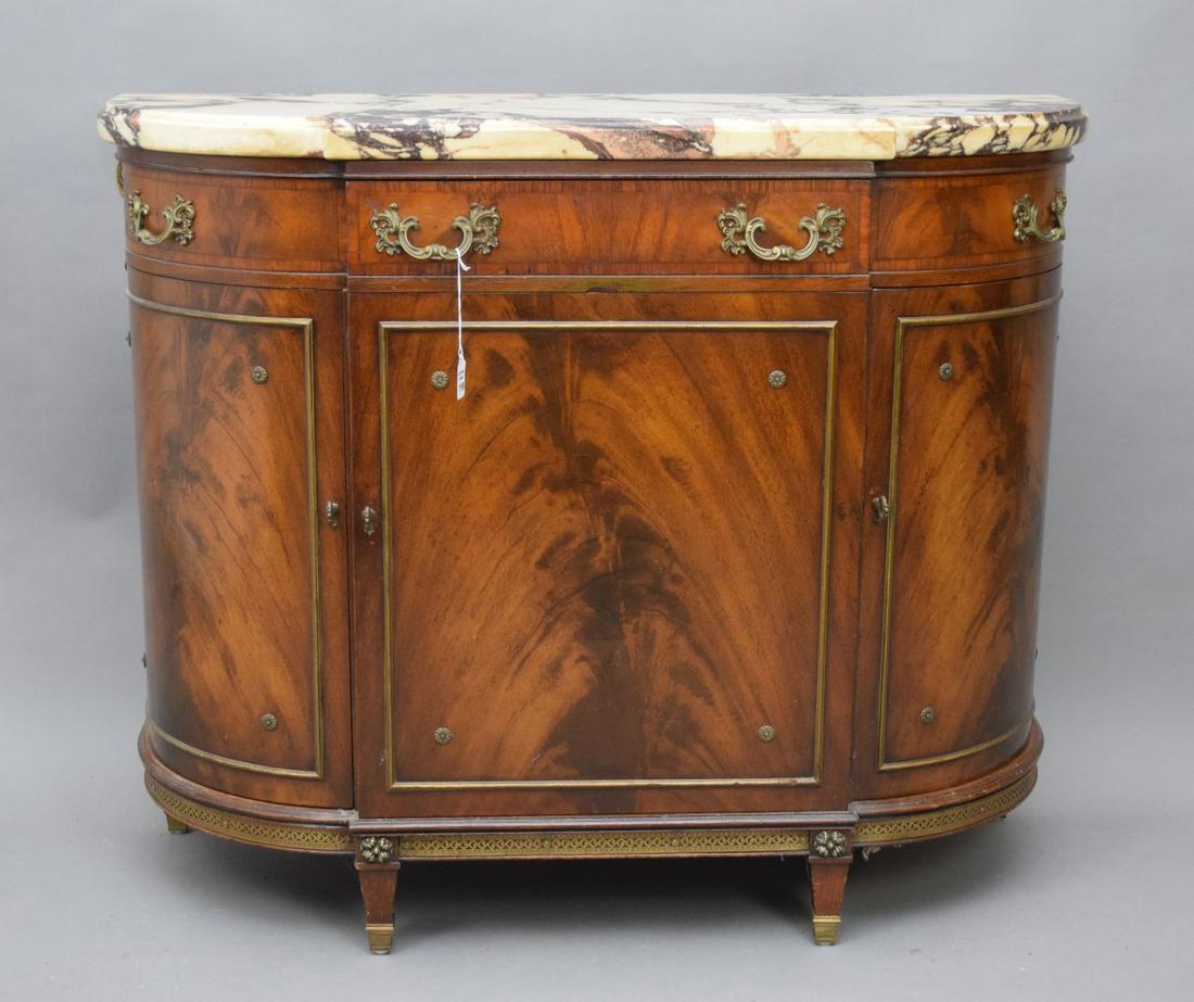 Louis XVI Style Marble Top Demi Line Commode. One: Louis XVI Style Marble Top Demi Line Commode. One Central Door and drawer. Size 43" x 16" x 35"