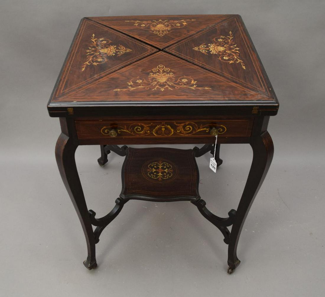 Inlay Mahogany folding handkerchief-style games table: Inlay Mahogany folding handkerchief-style games table with shelf below 29H x 22 sq
