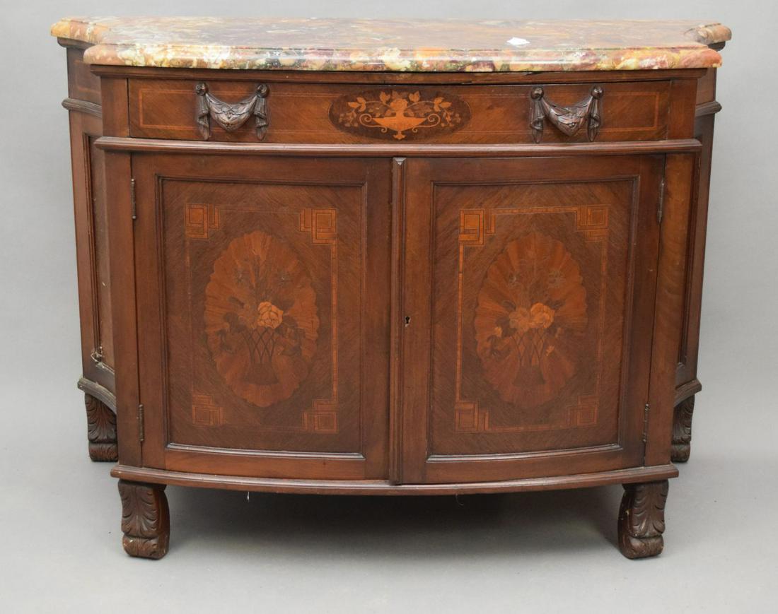 French Inlaid 2 Door Marble Top Commode. One drawer: French Inlaid 2 Door Marble Top Commode. One drawer with carved handles and 3 interior drawers. Size 48" x 24" x 35"