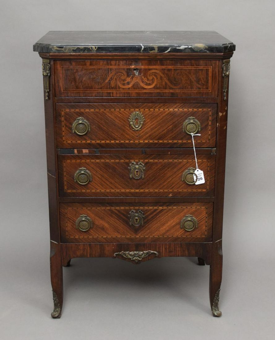 Marble top Nightstand Size 21.5" x 16.5" x: Marble top Nightstand Size 21.5" x 16.5" x 31.5' Condition: this piece has some former bug damage. The house was tented and they are not active.
