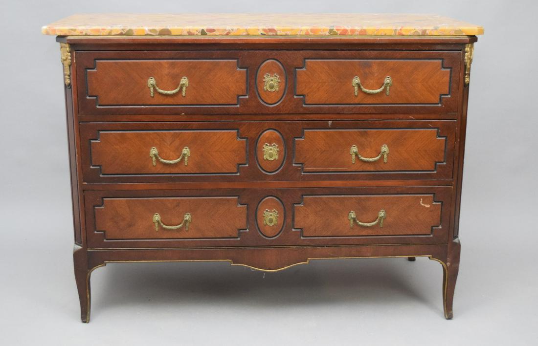 French Transitional Style 3 Drawer Commode. Breche: French Transitional Style 3 Drawer Commode. Breche d'alep marble top. Top slightly larger added , Size 48" x 20" x 34"