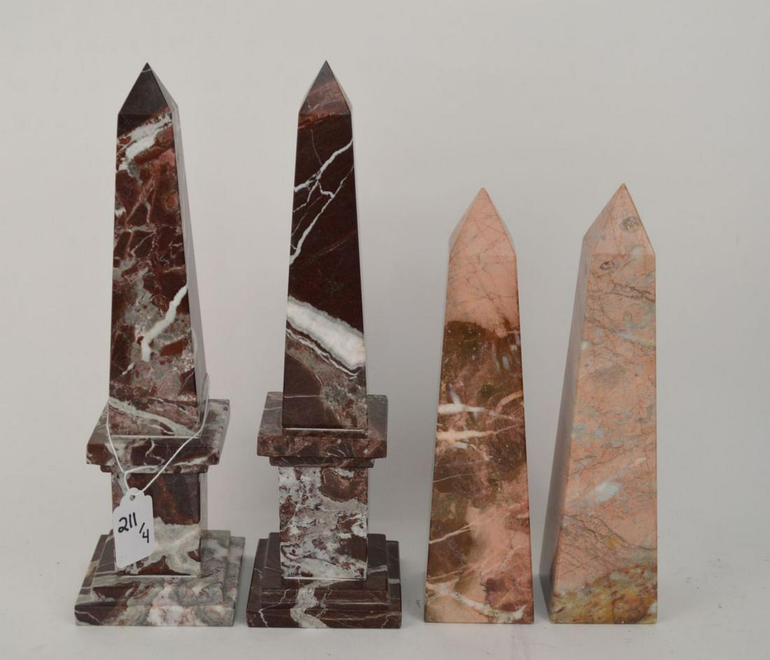 2 PAIR MARBLE OBELISKS. Condition: no damage: 2 PAIR MARBLE OBELISKS. Condition: no damage identified. Larger Pair Ht. 12" Smaller Pair Ht. 10"