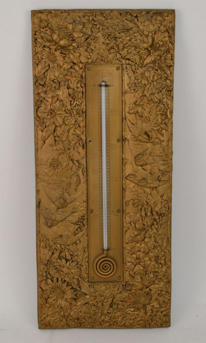 Cast Gilt Metal Weather Thermometer, Marked Charles: Cast Gilt Metal Weather Thermometer, Marked Charles Wilder Peterboro, N.H. Condition: no damage identified. 8.5" x 19.5"