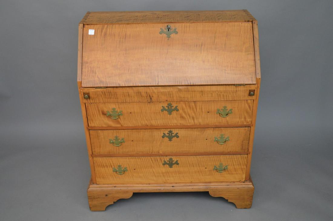 American Slant Front Tiger Maple Desk, circa 1840s with: American Slant Front Tiger Maple Desk, circa 1840s with fitted interior over 3 graduated drawers, dovetail case on Chippendale Base, 40 1/2"h x 33 3/4"w x 16"d