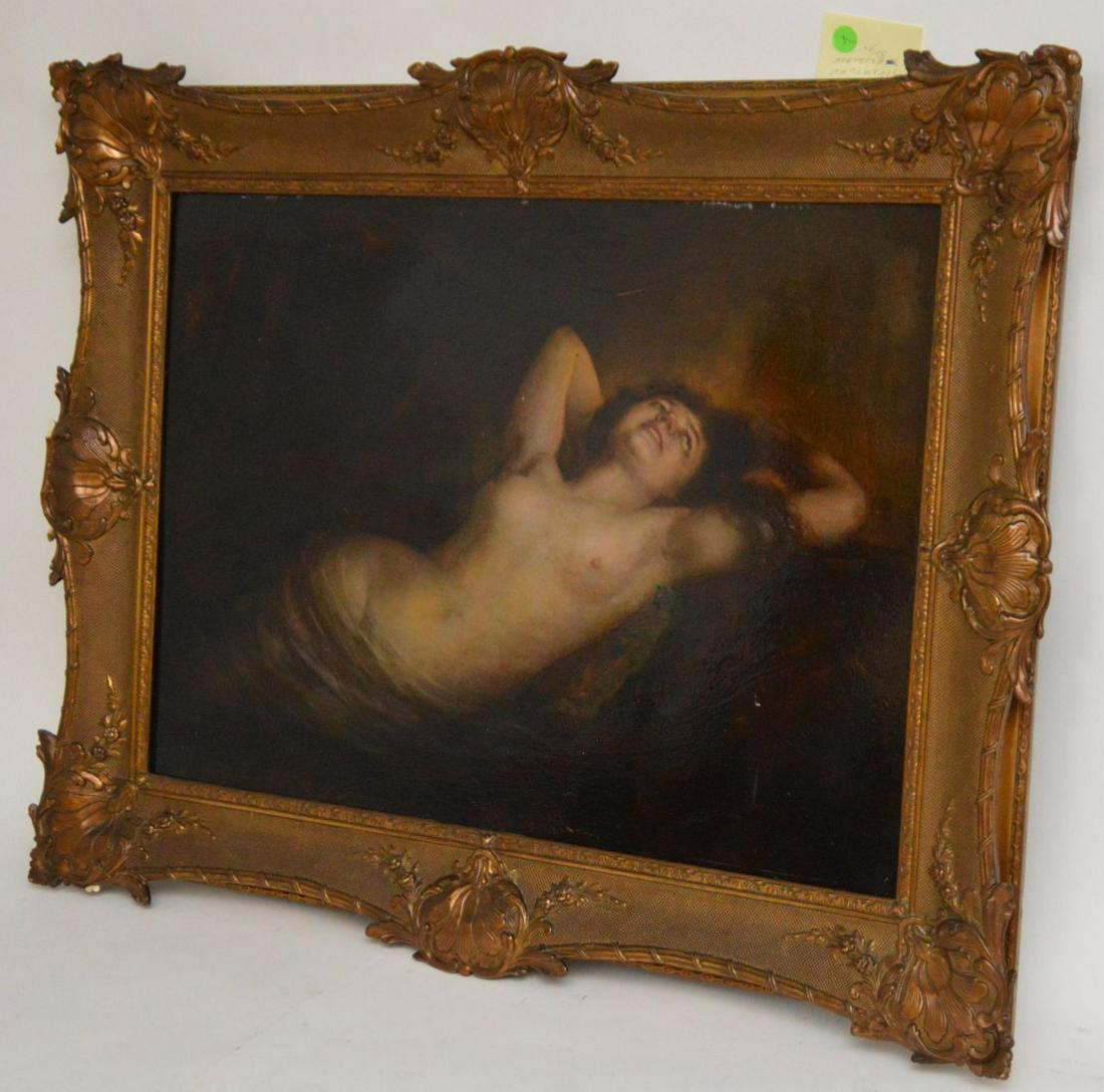 RECLINING NUDE, oil on board, 27-1/2 x 19-3/4 inches,: RECLINING NUDE, oil on board, 27-1/2 x 19-3/4 inches, signed illegibly.