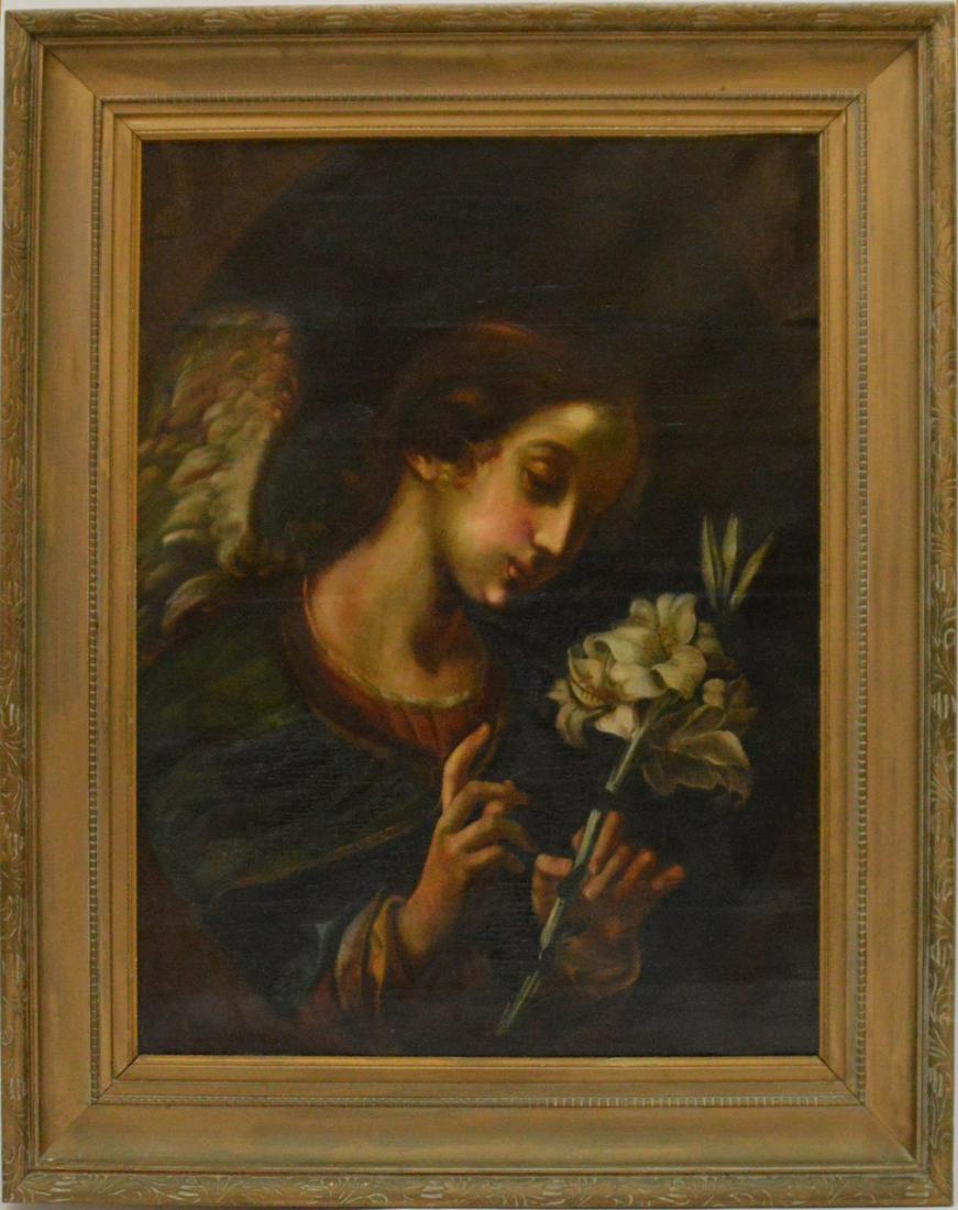 Antique Italian School Painting after Carlo Dolci, Oil: Antique Italian School Painting after Carlo Dolci, Oil on Canvas “Archangel with Lilies”, no apparent signature, possibly 18th century, 29 x 36 inches (w/frame)