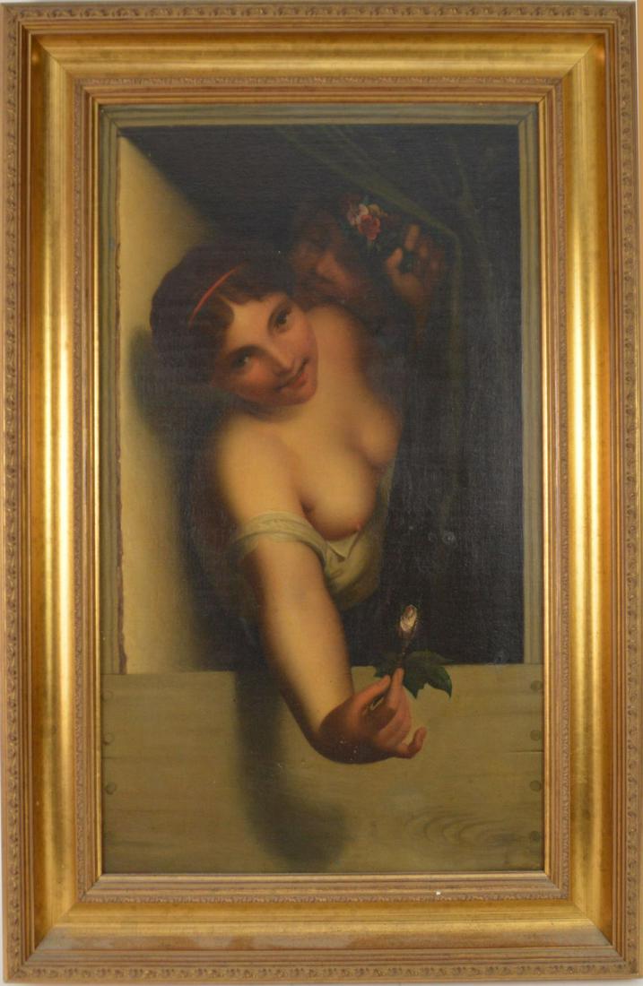 19th Century German/Austrian School, oil on relined: 19th Century German/Austrian School, oil on relined canvas “Woman Offering a Rose” 24 x 36 inches (w/frame)