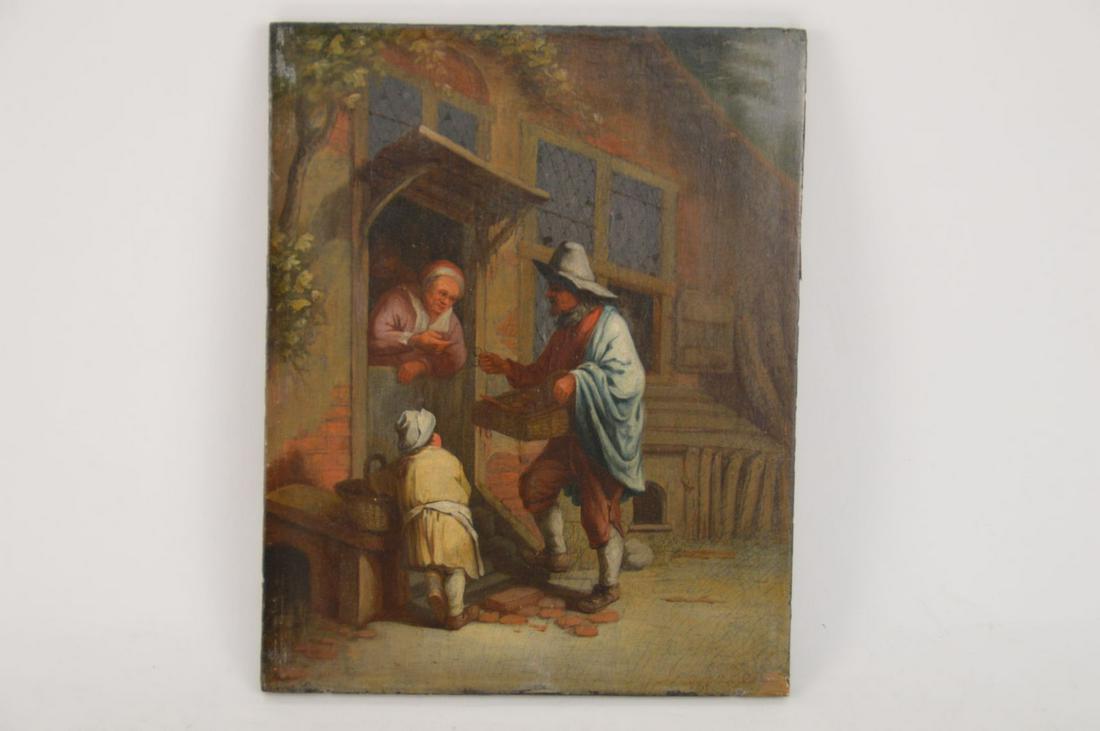 The Spectacle Seller (After the etching by Adriaen Van: The Spectacle Seller (After the etching by Adriaen Van Ostade) Antique Dutch oil on panel, signed lower right, panel size 8-1/4 x 6-1/2 inches