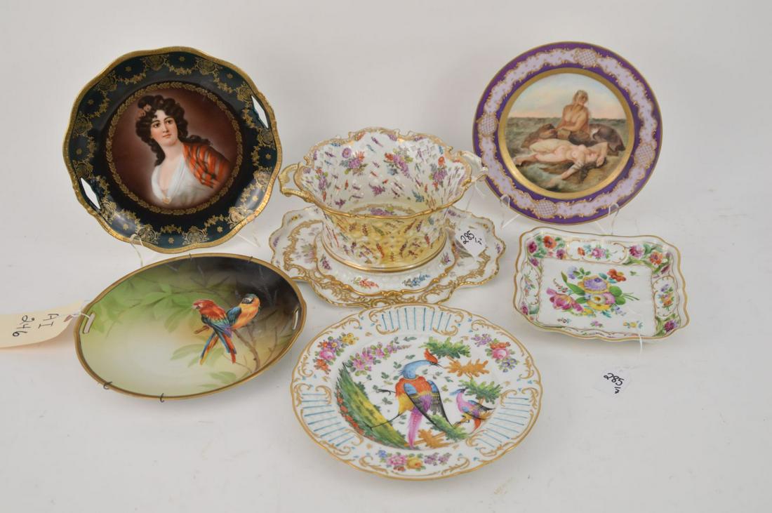 6 Pieces Antique Porcelain, 3 Porcelain Plates Vienna,: 6 Pieces Antique Porcelain, 3 Porcelain Plates Vienna, Bohemian & Bavarian. Signed Vienna Portrait Plate 9.75", Signed Lippert & Haas Bohemian Square plate 7.5", Bavarian Painted Bowl.